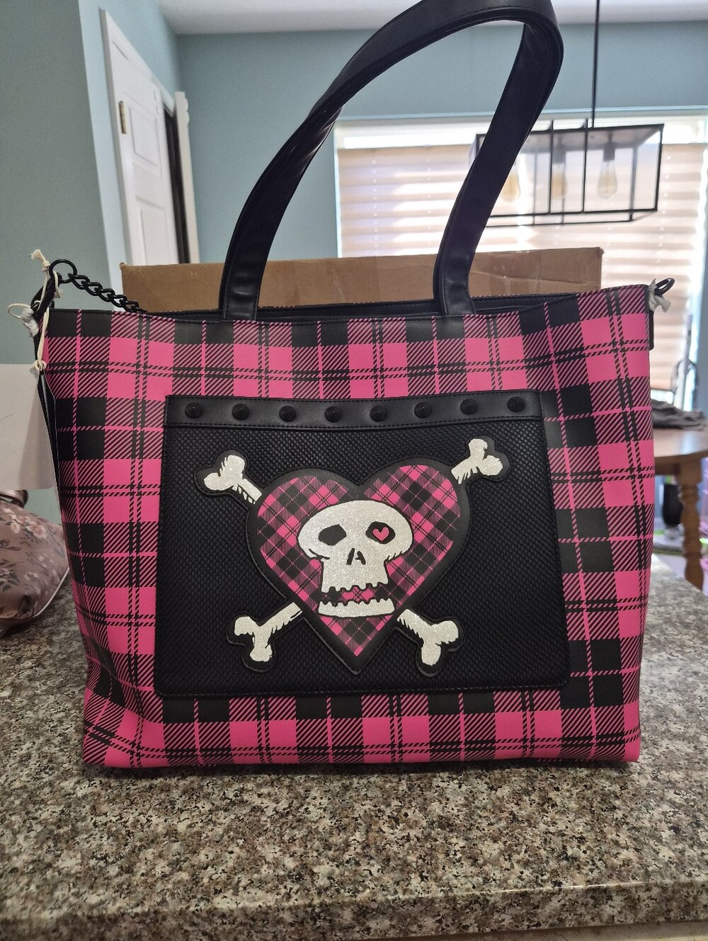 Large Loungefly Avril Lavigne Pink Plaid Skull & Crossbones Tote Bag